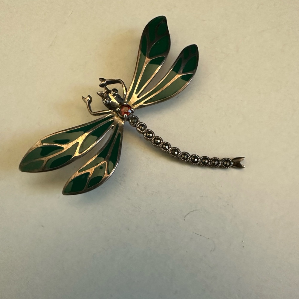 SOLD Vintage 925 Enameled Dragonfly Brooch Marcasites - Picture 4 of 6